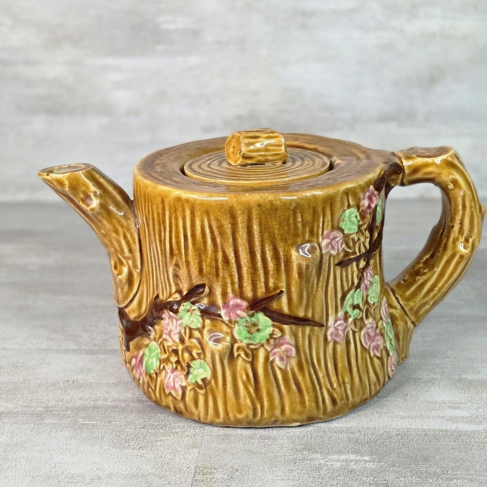VTG Log Majolica Ceramic Teapot Tree Stump Cherry Blossoms Whimsical Japan